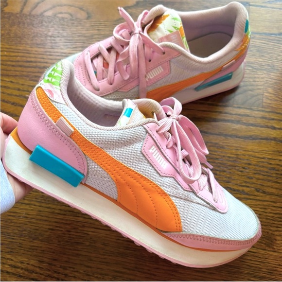 Puma Shoes - Puma Size 7 Pink White and Neon Orange Tropical Tennis Shoes Athletic
